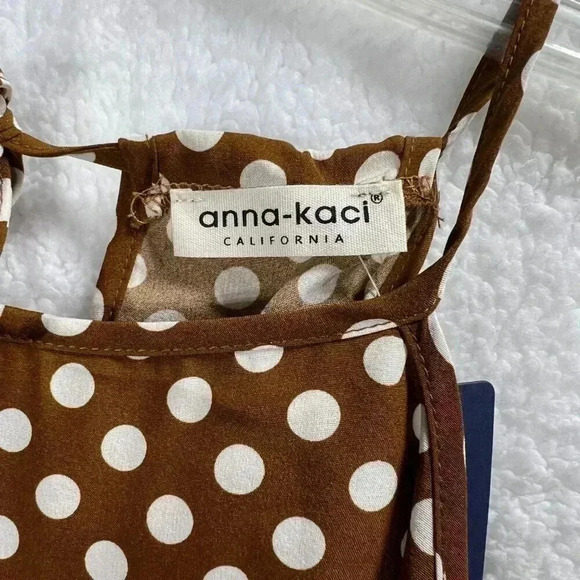 Anna Kaci California1XL Boho Midi Halter Dress Brown Asym polka dot Western NWT - Picture 14 of 16